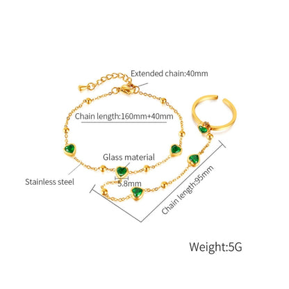 OPK GS1558 2 In 1 Emerald Heart Zirconia Stainless Steel Ring Bracelet - Bracelets by OPK | Online Shopping South Africa | PMC Jewellery | Buy Now Pay Later Mobicred