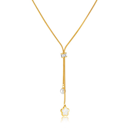 OPK GX2426 Simple Stainless Steel Flower Pearl Pendant Tassel Necklace - Necklaces & Pendants by OPK | Online Shopping South Africa | PMC Jewellery | Buy Now Pay Later Mobicred