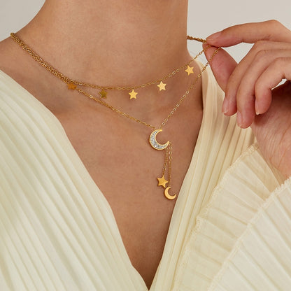 OPK GX2437 Stainless Steel Star Moon Tassel Pendant Double Layers Stacked Collarbone Chain(Gold) - Necklaces & Pendants by OPK | Online Shopping South Africa | PMC Jewellery | Buy Now Pay Later Mobicred