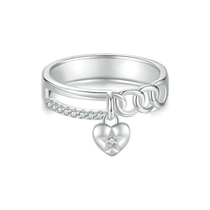 S925 Sterling Silver Platinum-plated Double-layer Chain Heart-shaped Ring, Size: 7(BSR572) - Rings by PMC Jewellery | Online Shopping South Africa | PMC Jewellery | Buy Now Pay Later Mobicred