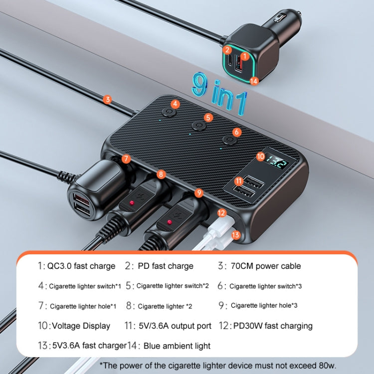 C29 9 In 1 Car Cigarette Lighter Powerful Fast Charger With Voltage Display - Cigar Socket by PMC Jewellery | Online Shopping South Africa | PMC Jewellery | Buy Now Pay Later Mobicred