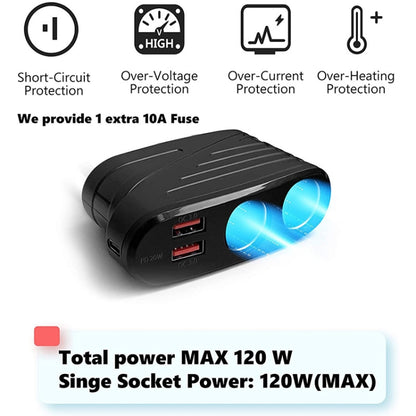 TR31 Car Cigarette Lighter One To Two 120W With Cord USB C/PD Port Charger(Black) - Cigar Socket by PMC Jewellery | Online Shopping South Africa | PMC Jewellery | Buy Now Pay Later Mobicred