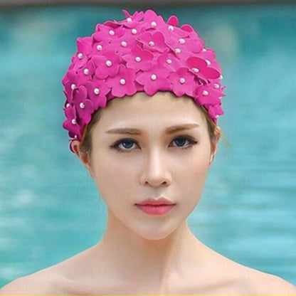 Pearl Three-dimensional Handmade Flower Swimming Cap for Women(Rose Red) - Swimming Caps by PMC Jewellery | Online Shopping South Africa | PMC Jewellery