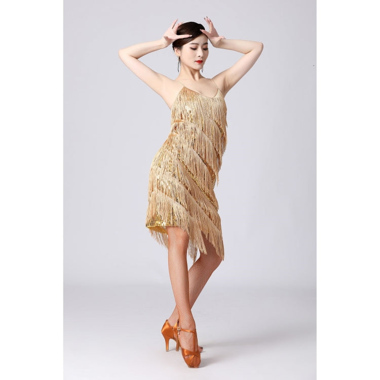 V-neck Suspender Sequined Fringed Latin Dance Dress Competition Performance Suit (Color:Gold Size:S) - Dress by PMC Jewellery | Online Shopping South Africa | PMC Jewellery