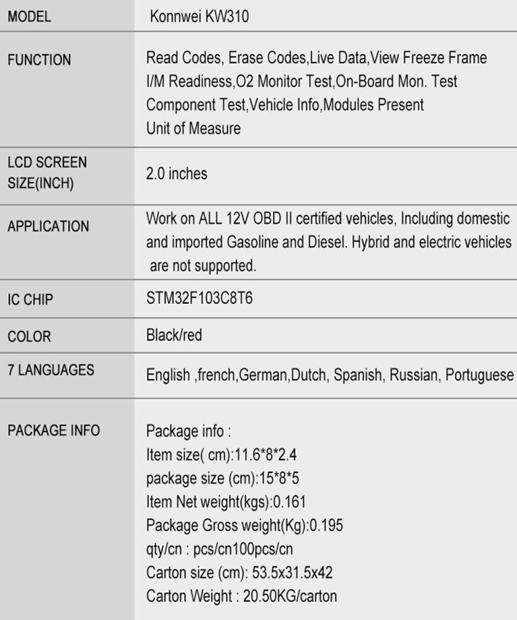 KONNWEI KW310 OBD Car Fault Detector Code Reader ELM327 OBD2 Scanner Diagnostic Tool(Red) - Code Readers & Scan Tools by KONNWEI | Online Shopping South Africa | PMC Jewellery