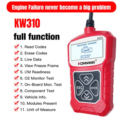 KONNWEI KW310 OBD Car Fault Detector Code Reader ELM327 OBD2 Scanner Diagnostic Tool(Red) - Code Readers & Scan Tools by KONNWEI | Online Shopping South Africa | PMC Jewellery