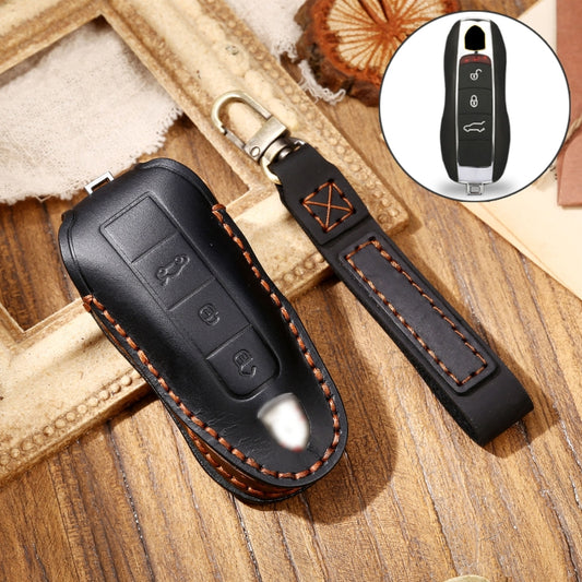 Hallmo Car Cowhide Leather Key Protective Cover Key Case for Porsche Macan 718 2021 A Style(Black) - Car Key Cases by Hallmo | Online Shopping South Africa | PMC Jewellery | Buy Now Pay Later Mobicred