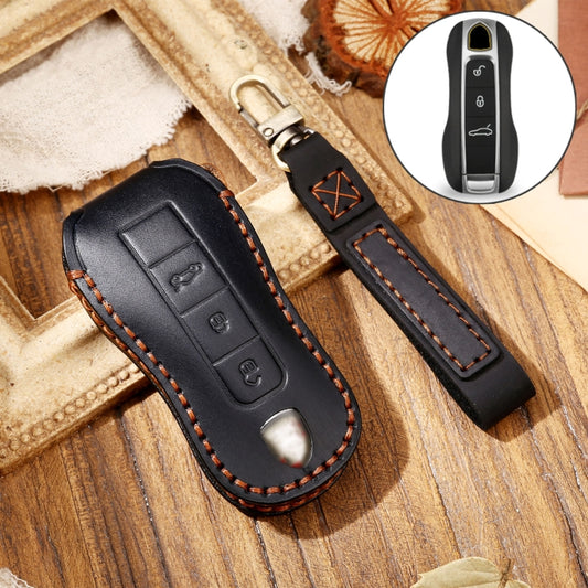 Hallmo Car Cowhide Leather Key Protective Cover Key Case for Porsche Macan 718 2021 B Style(Black) - Car Key Cases by Hallmo | Online Shopping South Africa | PMC Jewellery | Buy Now Pay Later Mobicred