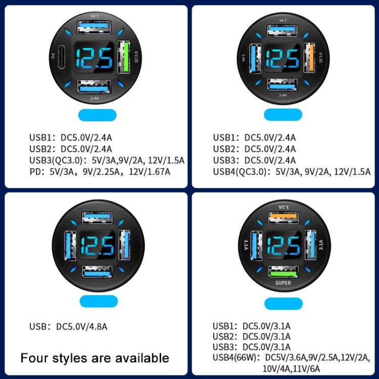 2pcs 4 in 1 USB 66W Digital Display Car Super Fast Charger - Car Charger by PMC TechLife | Online Shopping South Africa | PMC TechLife