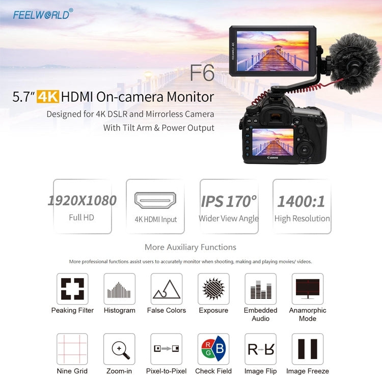 FEELWORLD F6 1920x1080 5.5 inch IPS Screen HDMI 4K Camera Field Monitor - On-camera Monitors by FEELWORLD | Online Shopping South Africa | PMC Jewellery | Buy Now Pay Later Mobicred