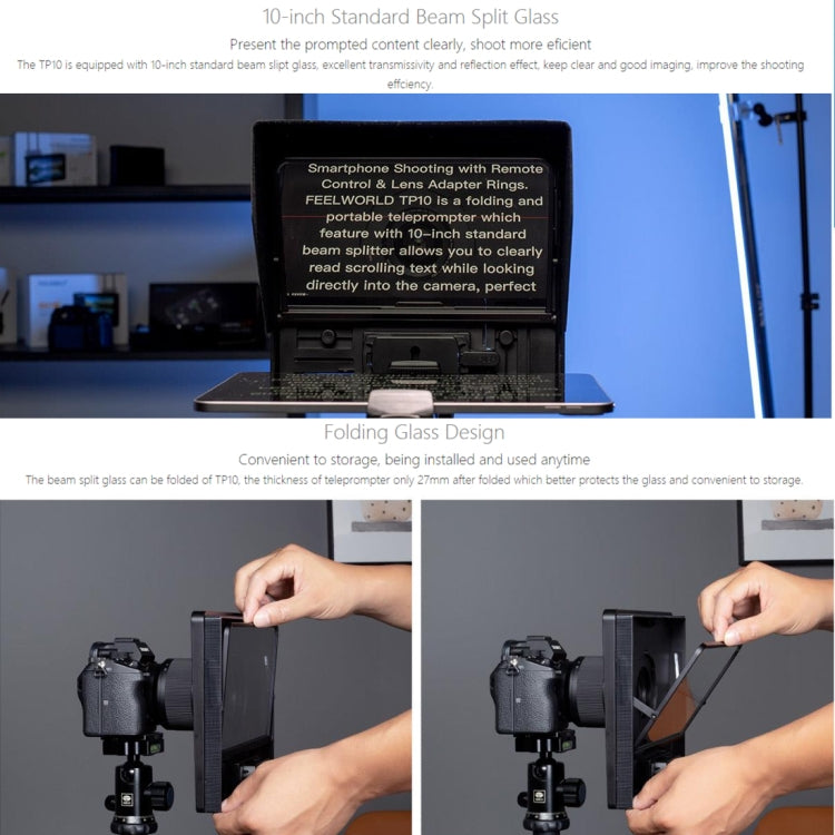 FEELWORLD TP10 Portable 10-inch Folding Teleprompter with Remote Control Lens Adapter Ring For Below 10 inches Smartphone / Tablet (Black) - Other Accessories by FEELWORLD | Online Shopping South Africa | PMC Jewellery | Buy Now Pay Later Mobicred