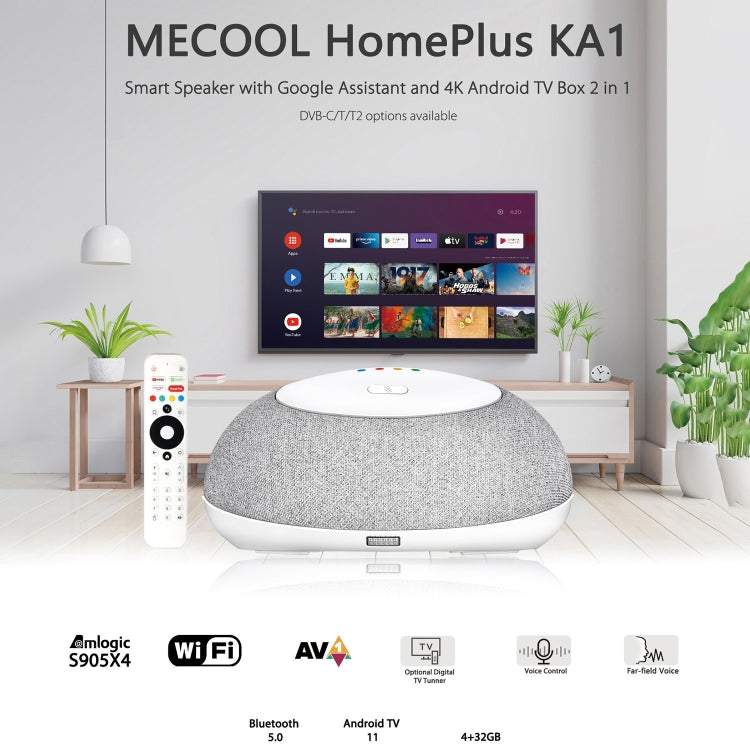 MECOOL KA1 Smart TV Speaker Android 11 TV Box with Remote Control, Amlogic S905X4 Quad Core Cortex-A55, 4GB+32GB, Dual-Band / Bluetooth / Ethernet / DVB-T/T2 / DVB-C(EU Plug) - Amlogic S905 by MECOOL | Online Shopping South Africa | PMC Jewellery | Buy Now Pay Later Mobicred