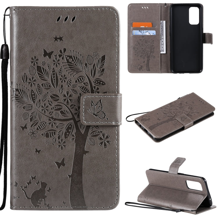 For OPPO Reno5 5G Tree & Cat Pattern Pressed Printing Horizontal Flip PU Leather Case with Holder & Card Slots & Wallet & Lanyard(Gray) - OPPO Cases by PMC TechLife | Online Shopping South Africa | PMC TechLife | Buy Now Pay Later Mobicred