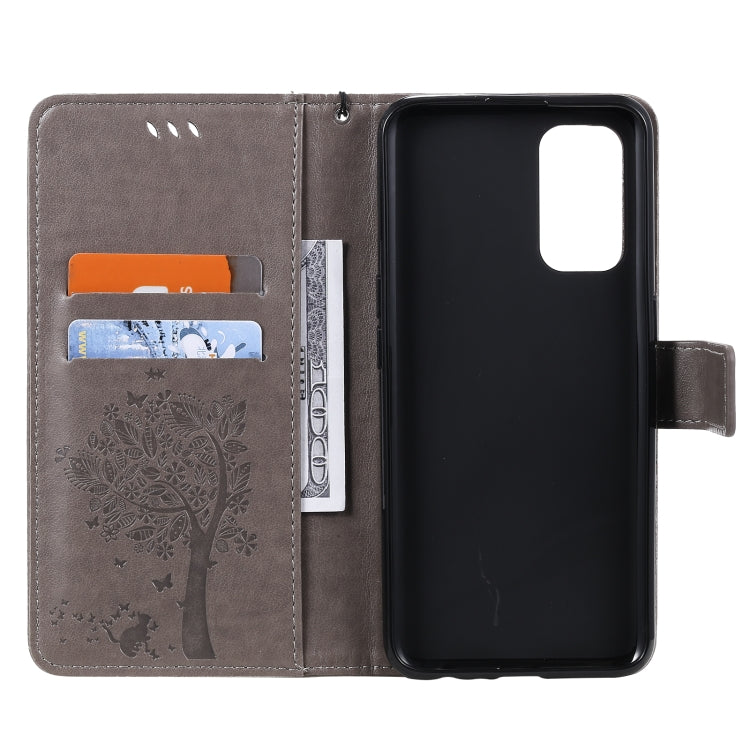 For OPPO Reno5 5G Tree & Cat Pattern Pressed Printing Horizontal Flip PU Leather Case with Holder & Card Slots & Wallet & Lanyard(Gray) - OPPO Cases by PMC TechLife | Online Shopping South Africa | PMC TechLife | Buy Now Pay Later Mobicred