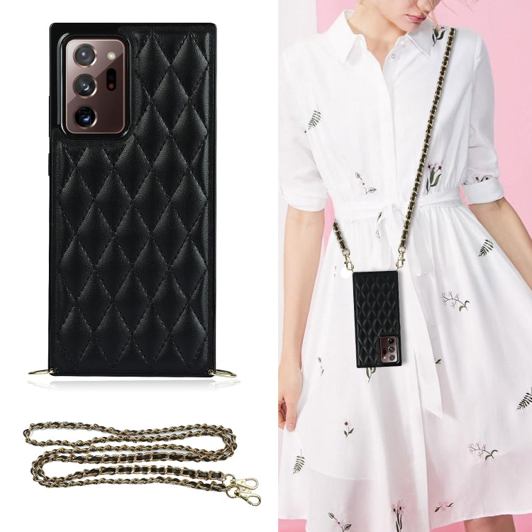 For Samsung Galaxy Note20 Ultra Elegant Rhombic Pattern Microfiber Leather +TPU Shockproof Case with Crossbody Strap Chain(Black) - Galaxy Note20 Ultra Cases by PMC TechLife | Online Shopping South Africa | PMC TechLife | Buy Now Pay Later Mobicred