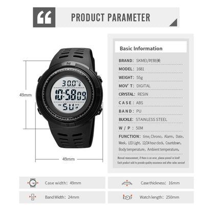 SKMEI 1681 Multifunctional LED Digital Display Luminous Electronic Watch, Support Body / Ambient Temperature Measurement(Black White) - LED Digital Watches by SKMEI | Online Shopping South Africa | PMC Jewellery | Buy Now Pay Later Mobicred