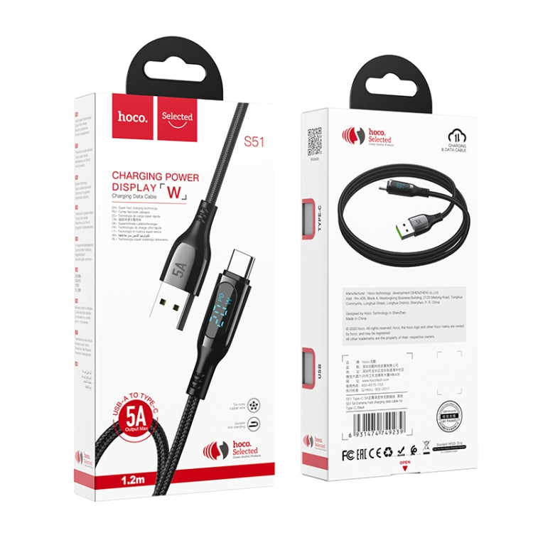 hoco S51 5A Type-C / USB-C Digital Display Charging Data Cable, Length: 1.2m(Black) - USB-C & Type-C Cable by hoco | Online Shopping South Africa | PMC Jewellery