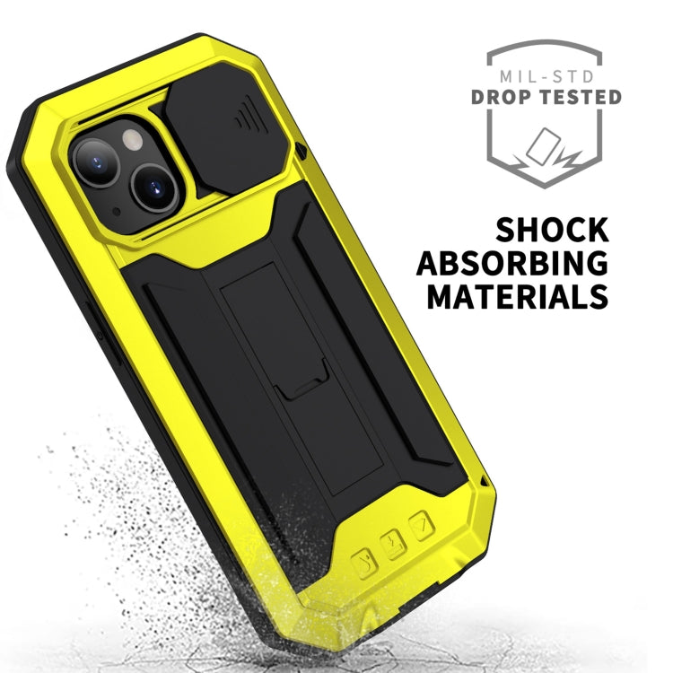 For iPhone 13 mini R-JUST Sliding Camera Shockproof Life Waterproof Dust-proof Metal + Silicone Protective Case with Holder (Yellow) - iPhone 13 mini Cases by R-JUST | Online Shopping South Africa | PMC Jewellery