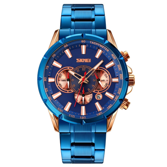 SKMEI 9241 Men Calendar Stopwatch Stainless Steel Strap Quartz Watch(Rose Gold Blue) - Metal Strap Watches by SKMEI | Online Shopping South Africa | PMC Jewellery | Buy Now Pay Later Mobicred