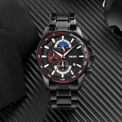 SKMEI 9250 Men Moonphase Stopwatch Date Six Pin Stainless Steel Strap Quartz Watch(Black) - Metal Strap Watches by SKMEI | Online Shopping South Africa | PMC Jewellery | Buy Now Pay Later Mobicred