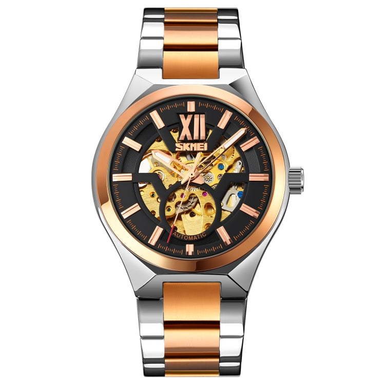 SKMEI 9258 Men Two-color Stainless Steel Strap Automatic Mechanical Watch(Middle Rose Gold Shell Black Surface) - Metal Strap Watches by SKMEI | Online Shopping South Africa | PMC Jewellery | Buy Now Pay Later Mobicred