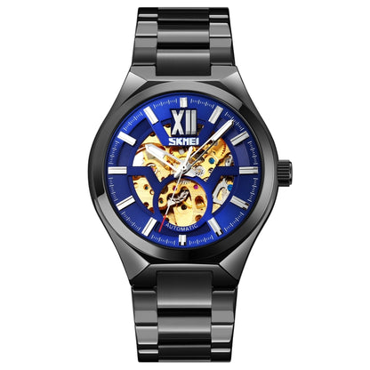 SKMEI 9258 Men Two-color Stainless Steel Strap Automatic Mechanical Watch(Black Shell Blue Surface) - Metal Strap Watches by SKMEI | Online Shopping South Africa | PMC Jewellery | Buy Now Pay Later Mobicred