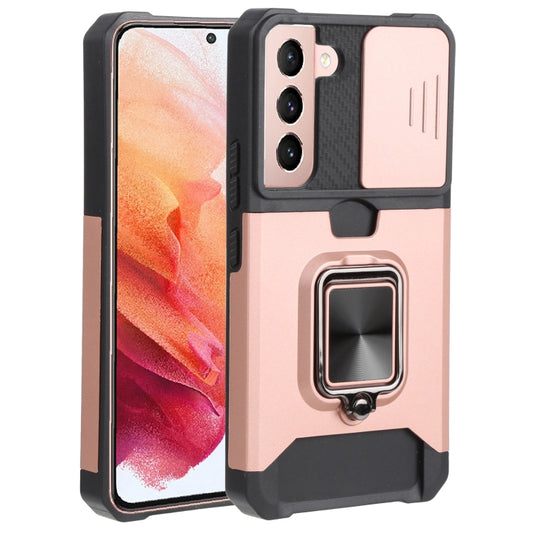 For Samsung Galaxy S22 5G Sliding Camera Cover Design PC + TPU Shockproof Phone Case with Ring Holder & Card Slot(Rose Gold) - Galaxy S22 5G Cases by PMC Jewellery | Online Shopping South Africa | PMC Jewellery