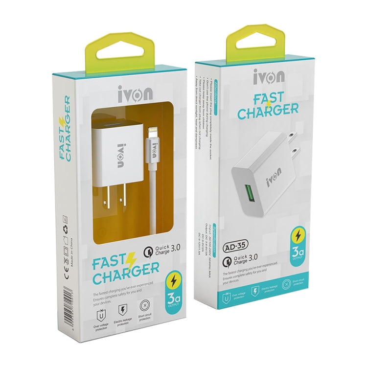 IVON AD-35 2 in 1 18W QC3.0 USB Port Travel Charger + 1m USB to 8 Pin Data Cable Set, US Plug(White) - USB Charger by IVON | Online Shopping South Africa | PMC Jewellery