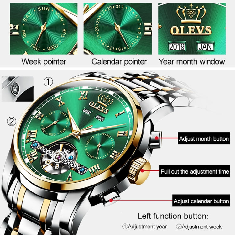 OLEVS 6607 Multi-function Men Big Flywheel Automatic Waterproof Mechanical Watch(Silver Gold Green) - Metal Strap Watches by OLEVS | Online Shopping South Africa | PMC Jewellery | Buy Now Pay Later Mobicred