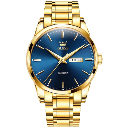 OLEVS 6898 Men Waterproof Luminous Steel Watch Band Quartz Watch(Gold Blue) - Metal Strap Watches by OLEVS | Online Shopping South Africa | PMC Jewellery | Buy Now Pay Later Mobicred