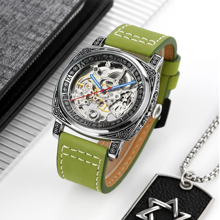 SKMEI 9271 Stainless Steel Buckle Leather Strap Waterproof Mechanical Watch(Green) - Leather Strap Watches by SKMEI | Online Shopping South Africa | PMC Jewellery | Buy Now Pay Later Mobicred