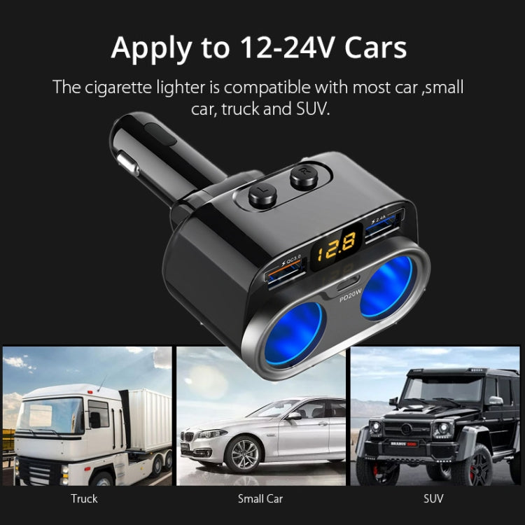 C47PQ Car Cigarette Lighter + Dual USB + Type-C Car Charger(Black) - Car Charger by PMC Jewellery | Online Shopping South Africa | PMC Jewellery