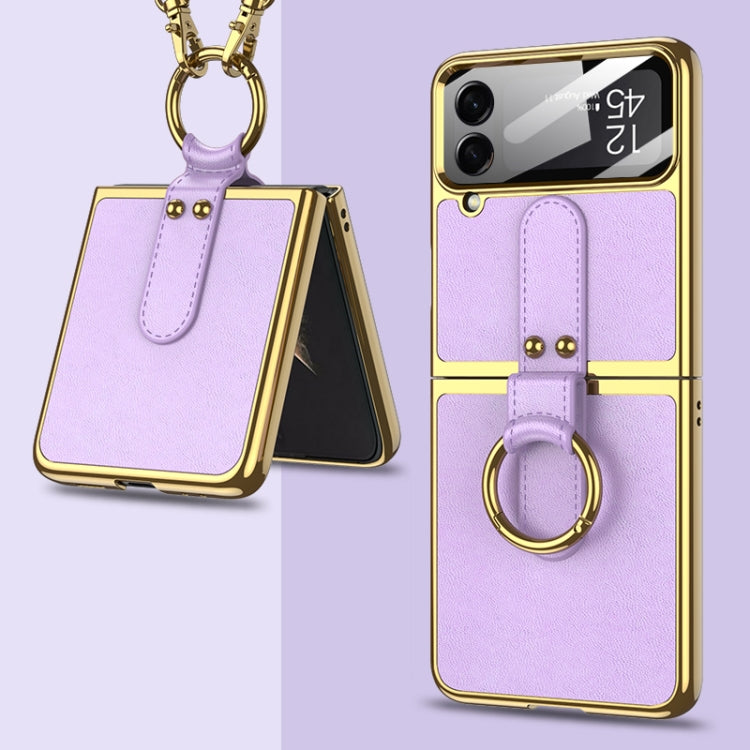 For Samsung Galaxy Z Flip4 GKK Plating + Leather Phone Case with Ring & Strap(Purple) - Galaxy Z Flip4 5G Cases by GKK | Online Shopping South Africa | PMC Jewellery | Buy Now Pay Later Mobicred