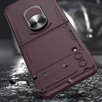 For Samsung Galaxy Z Flip4 GKK Carbon Brazing Pattern Shockproof Armor PC Phone Case with Ring Holder(Wine Red) - Galaxy Z Flip4 5G Cases by GKK | Online Shopping South Africa | PMC Jewellery