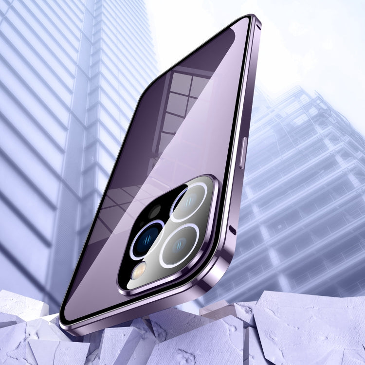 For iPhone 14 Pro Max Magnetic Double-buckle HD Tempered Glass Phone Case (Purple) - iPhone 14 Pro Max Cases by PMC TechLife | Online Shopping South Africa | PMC TechLife