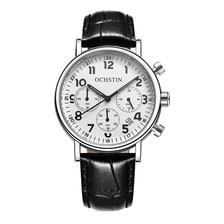 Ochstin 5081A Multifunctional Luminous Waterproof Leather Strap Quartz Watch(Silver+White+Black) - Leather Strap Watches by OCHSTIN | Online Shopping South Africa | PMC Jewellery | Buy Now Pay Later Mobicred