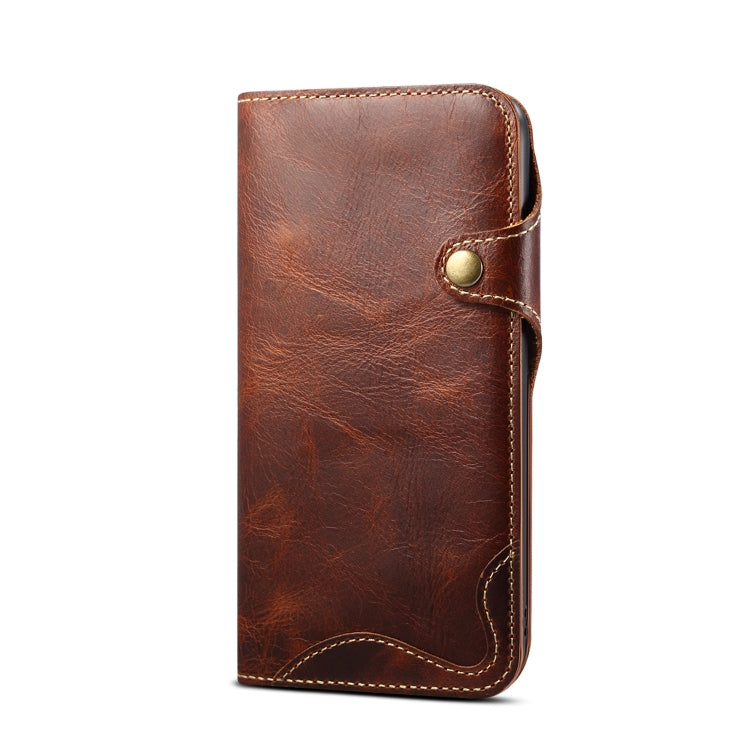 For iPhone 14 Denior Oil Wax Cowhide Magnetic Button Genuine Leather Case(Brown) - free shipping - PMC TechLife - Order now!