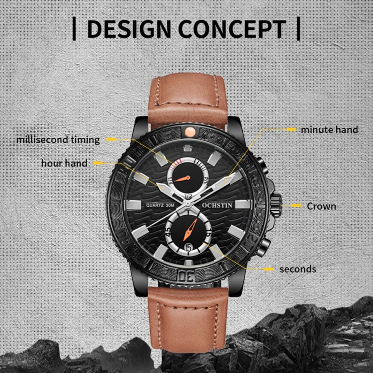 Ochstin 6045A Multifunctional Quartz Luminous Genuine Leather Men Watch(Black+Brown) - Leather Strap Watches by OCHSTIN | Online Shopping South Africa | PMC Jewellery | Buy Now Pay Later Mobicred