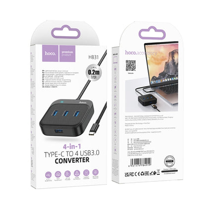 hoco HB31 Easy 4 in 1 USB-C / Type-C to USB3.0x4 Converter, Cable Length: 0.2m(Black) - USB HUB by hoco | Online Shopping South Africa | PMC Jewellery