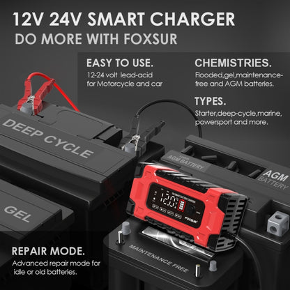 FOXSUR 12V / 24V / 10A Car / Motorcycle Battery Smart Repair Lead-acid Battery Charger, Plug Type:UK Plug - Battery Charger by FOXSUR | Online Shopping South Africa | PMC Jewellery | Buy Now Pay Later Mobicred