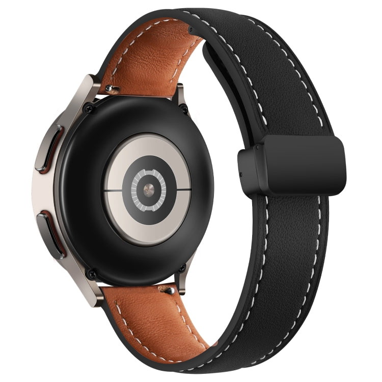 20mm Folding Buckle Plain Weave Genuine Leather Watch Band(Black+Black) - Smart Wear by PMC TechLife | Online Shopping South Africa | PMC TechLife