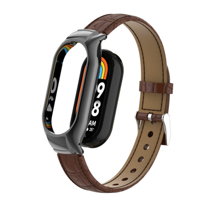 For Xiaomi Mi Band 8 Integrated Metal Case + Cocodile Texture Leather Watch Band(Brown) - Smart Wear by PMC Jewellery | Online Shopping South Africa | PMC Jewellery