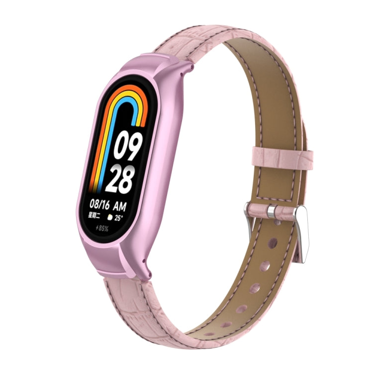 For Xiaomi Mi Band 8 Integrated Metal Case + Cocodile Texture Leather Watch Band(Pink) - Smart Wear by PMC Jewellery | Online Shopping South Africa | PMC Jewellery