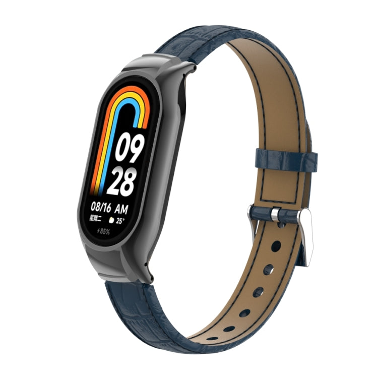 For Xiaomi Mi Band 8 Integrated Metal Case + Cocodile Texture Leather Watch Band(Blue) - Smart Wear by PMC Jewellery | Online Shopping South Africa | PMC Jewellery