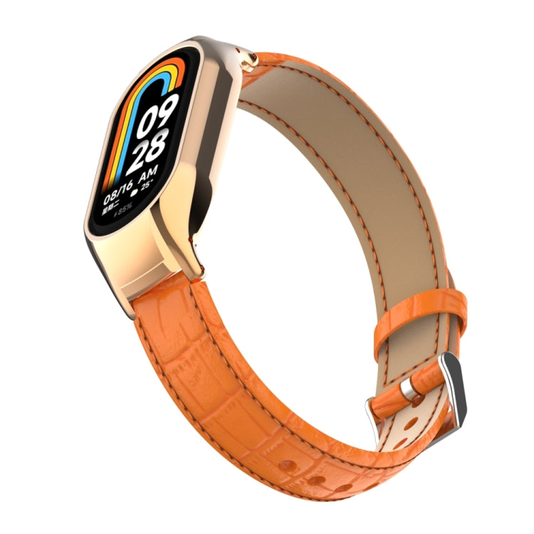 For Xiaomi Mi Band 8 Integrated Metal Case + Cocodile Texture Leather Watch Band(Orange) - Smart Wear by PMC Jewellery | Online Shopping South Africa | PMC Jewellery