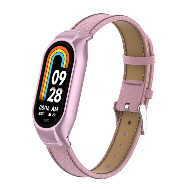 For Xiaomi Mi Band 8 Integrated Metal Case + Litchi Texture Leather Watch Band(Pink) - Smart Wear by PMC Jewellery | Online Shopping South Africa | PMC Jewellery