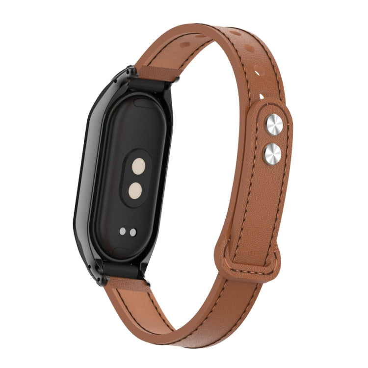 For Xiaomi Mi Band 8 Integrated Metal Case + Double Nail Microfiber Leather Watch Band(Brown) - Smart Wear by PMC Jewellery | Online Shopping South Africa | PMC Jewellery