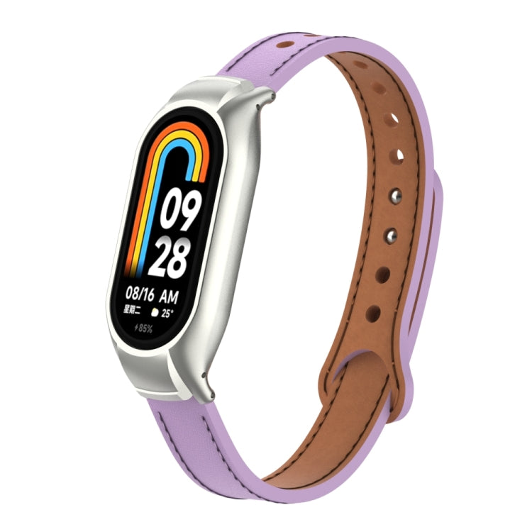 For Xiaomi Mi Band 8 Integrated Metal Case + Double Nail Microfiber Leather Watch Band(Pink Purple) - Smart Wear by PMC Jewellery | Online Shopping South Africa | PMC Jewellery