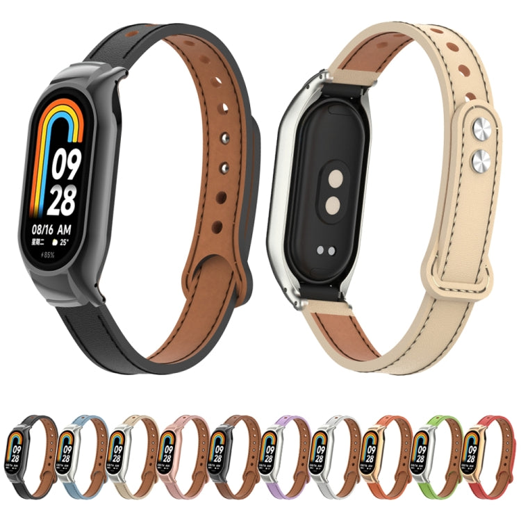 For Xiaomi Mi Band 8 Integrated Metal Case + Double Nail Microfiber Leather Watch Band(Brown) - Smart Wear by PMC Jewellery | Online Shopping South Africa | PMC Jewellery