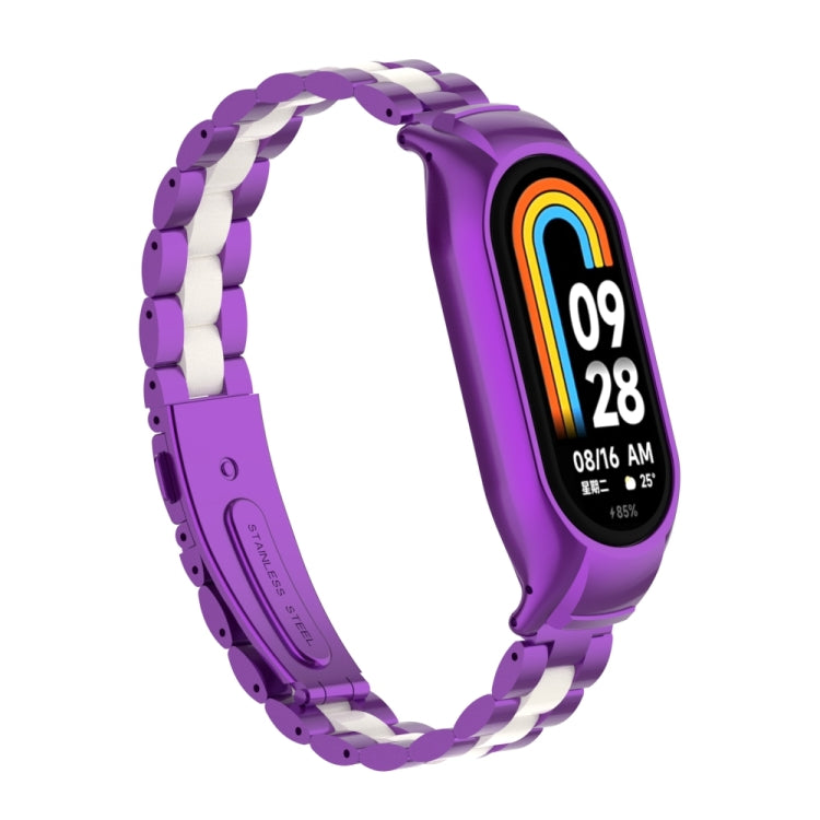 For Xiaomi Mi Band 8 Integrated Metal Case + Three-bead Watch Band(Purple+White) - Smart Wear by PMC Jewellery | Online Shopping South Africa | PMC Jewellery